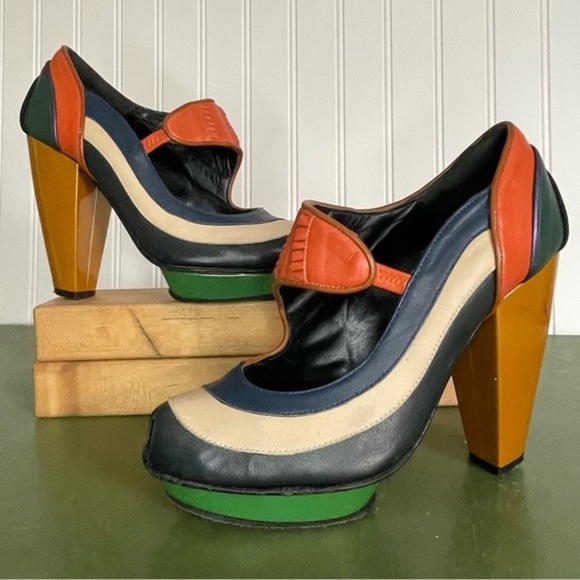 Kron by Kronkron Platform Multi Color Patchwork Peep Toe Mary Jane Heels *Spain* - Picture 14 of 14